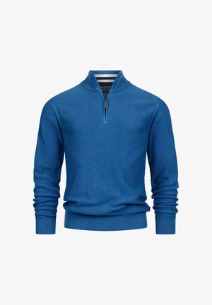 Blå kvartdraget tröja gjord av texturerat material, med ribbad design, långa ärmar och ett randigt krageaccent.