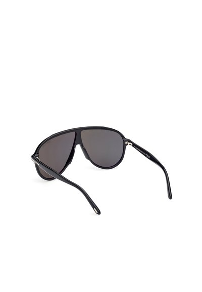 Black aviator sunglasses with grey lenses, metallic accents, and curved black plastic temples. Smooth texture, classic design.
