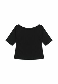 Musta lyhythihainen paita, jossa on leveä veneen kaula-aukko, valmistettu pehmeästä puuvillasta, rento istuvuus ja raglan-hihat. Ei kuvioita tai korostuksia.