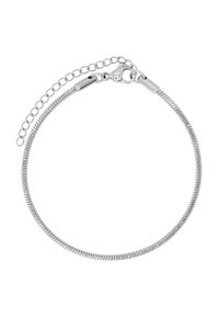 Bracciale in argento con un design a maglie flessibili, texture liscia e chiusura a gancio con catena regolabile.