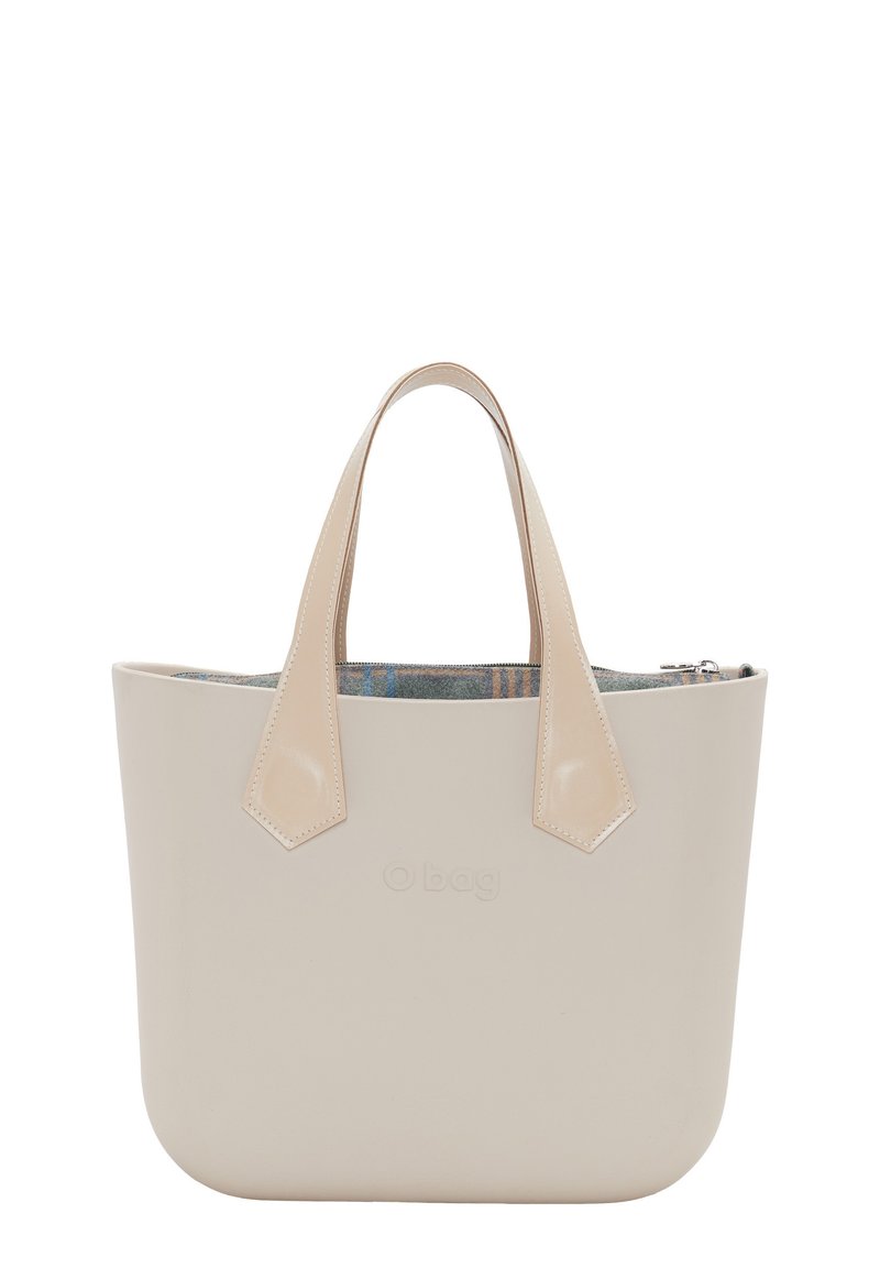 Beige taška přes rameno vyrobená z hladkého materiálu, se dvěma doplňkovými uchy a vzorovanou podšívkou. Viditelný detail se zipem.