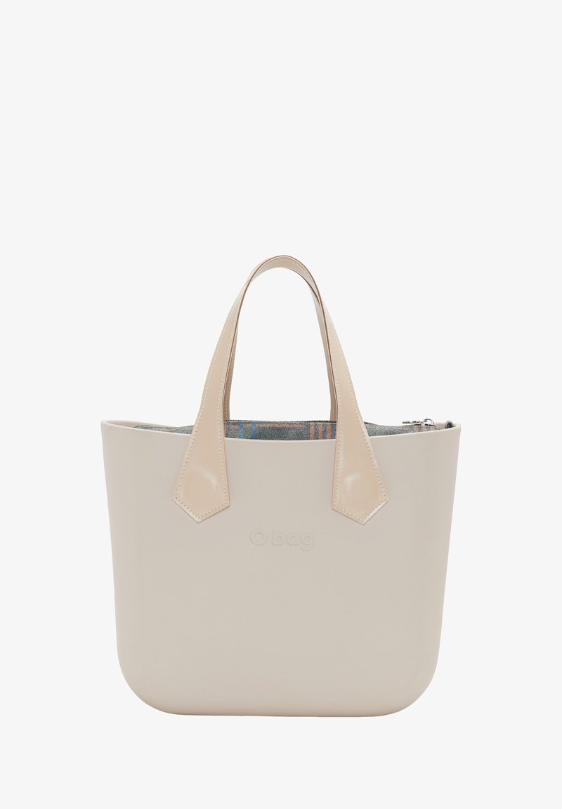 Borsa tote beige realizzata in materiale liscio, con due manici coordinati e un fodero interno con motivo. Dettaglio della chiusura con zip visibile.