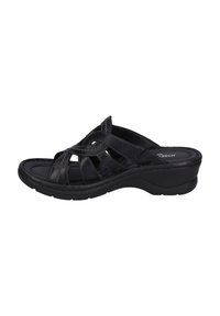 Sandal in pelle nera a scivolo con soletta imbottita, dotato di cinturini incrociati e tacco basso a cuneo per comfort e supporto.