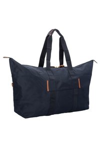 Borsa da viaggio in tessuto blu navy con due manici robusti, dettagli in pelle e forma rettangolare. Presenta una chiusura a zip e un fondo piatto.