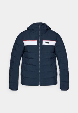 Giacca imbottita blu navy con cappuccio, cerniera frontale, striscia orizzontale bianca sul petto, rifiniture rosse e logo HH sul petto a sinistra.