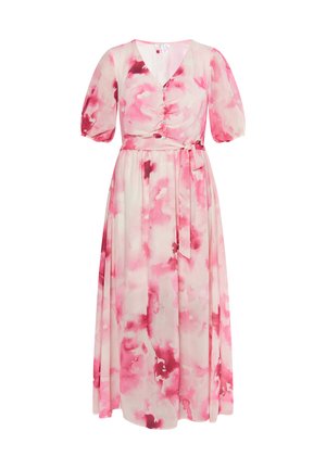 Maxi kleita no vieglas auduma ar rozā abstrakto akvareļa rakstu, ar V formas dekoltē, pūkām piedurknēm, dekoratīvajiem pogām un saderīgu jostu.