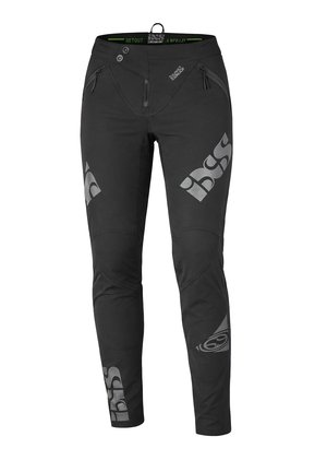 Pantalon noir à coupe slim avec poches zippées, fermeture par bouton et fermeture éclair, et logos réfléchissants iXS sur les cuisses et le bas des jambes.