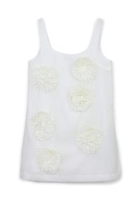 Weißes ärmelloses Oberteil mit dekorativen weißen Stoffblumen, die asymmetrisch angeordnet sind. Glatte Textur, einfaches Design und gerader Schnitt am Saum.