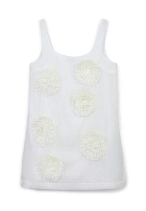 Top senza maniche bianco con fiori in tessuto bianco decorativi disposti in modo asimmetrico. Tessuto liscio, design semplice e taglio dritto sull'orlo.