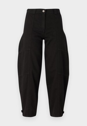 Black cargo trousers with a relaxed fit, featuring side pockets, a button closure, and cuffs at the ankles. Made of durable cotton fabric.