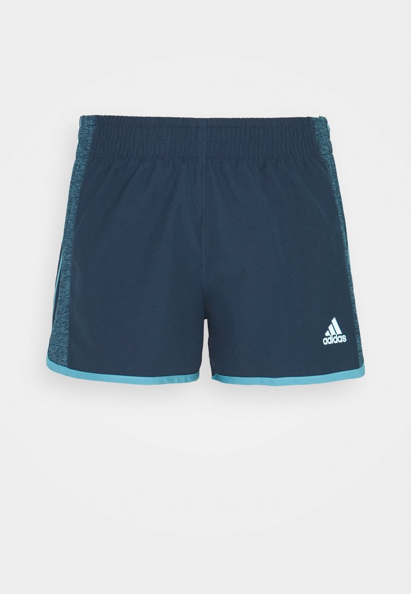Shorts de sport Adidas bleu marine avec des bordures et panneaux latéraux bleu clair, dotés d'une taille élastique et du logo Adidas à l'avant.