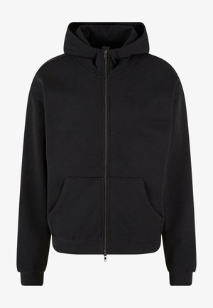 Čierna mikina s kapucňou na zips vyrobená z mäkkej tkaniny, s kapucňou, prednými vreckami, rebrovanými manžetami a lemom, s hladkou textúrou a minimalistickým dizajnom.