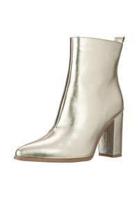 Metallic gold ankle boot with a pointed toe, smooth texture, and a 4-inch block heel. Features a pull tab for easy wear.