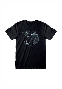 Sort bomulds T-shirt med et cirkulært grafik af en ulv og en fugl i nuancer af grå, med skarpe, vinklet linjer og et iøjnefaldende design.