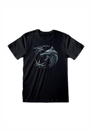 Sort bomulds T-shirt med et cirkulært grafik af en ulv og en fugl i nuancer af grå, med skarpe, vinklet linjer og et iøjnefaldende design.