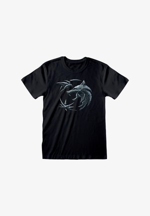 Schwarzes Baumwoll-T-Shirt mit einem runden Grafikdesign eines Wolfes und eines Vogels in Grautönen, das durch scharfe, eckige Linien und ein markantes Design besticht.