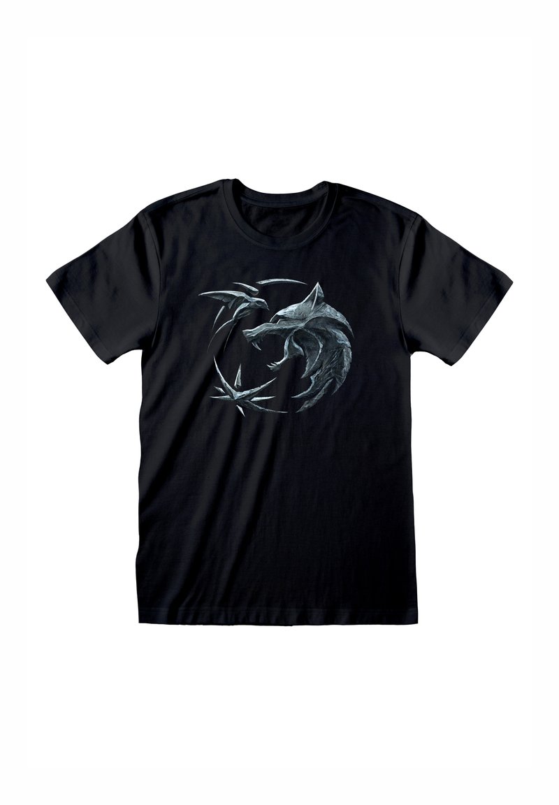 Sort bomulds T-shirt med et cirkulært grafik af en ulv og en fugl i nuancer af grå, med skarpe, vinklet linjer og et iøjnefaldende design.