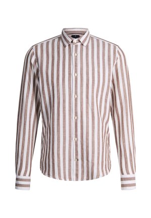 Camicia a maniche lunghe con bottoni, a righe verticali beige e bianche, con colletto appuntito su sfondo bianco uniforme.