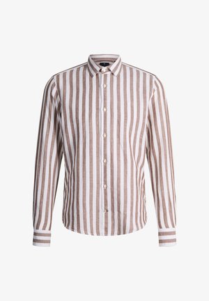 Camicia a maniche lunghe con bottoni, a righe verticali beige e bianche, con colletto appuntito su sfondo bianco uniforme.