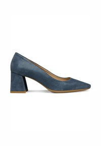 Décolleté blu in pelle scamosciata con tacco a blocco quadrato e punta affilata, caratterizzata da una superficie testurizzata e una suola tan a contrasto.