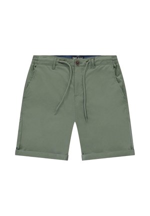 Groene katoenen shorts met een trekkoord en knoopsluiting, voorzien van zijzakken en opgerolde zoomdetails. Gladde textuur en casual ontwerp.