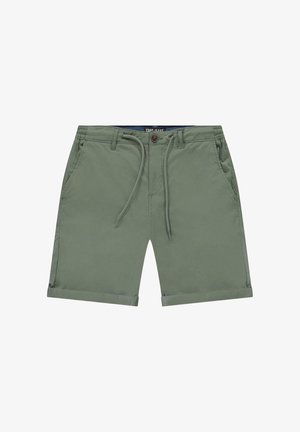 Groene katoenen shorts met een trekkoord en knoopsluiting, voorzien van zijzakken en opgerolde zoomdetails. Gladde textuur en casual ontwerp.