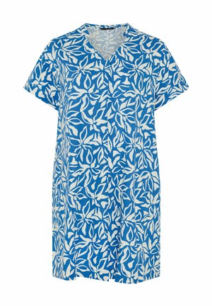 Tunika blu a maniche corte con motivo astratto di foglie bianche e colletto a V, vestibilità ampia progettata per un uso casual.