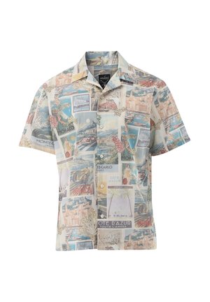 Kurzarm-Hemden zum Knöpfen mit Vintage-Postkarten und reisethematischen Drucken von Monaco und Côte d'Azur in Pastellfarben.