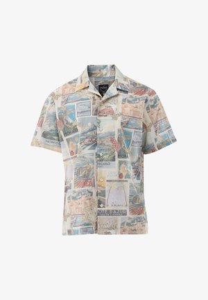 Kurzarm-Hemden zum Knöpfen mit Vintage-Postkarten und reisethematischen Drucken von Monaco und Côte d'Azur in Pastellfarben.