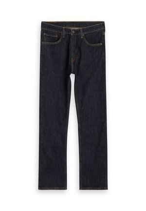 Mörkblå denimjeans med rak benpassform, fem fickor, orange sömmar och dragkedja med knappstängning.