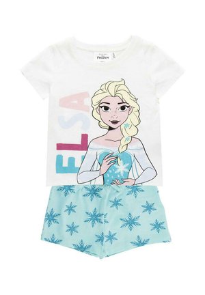 Children’s pajama set with white top featuring Elsa from Frozen and light blue shorts patterned with snowflakes.