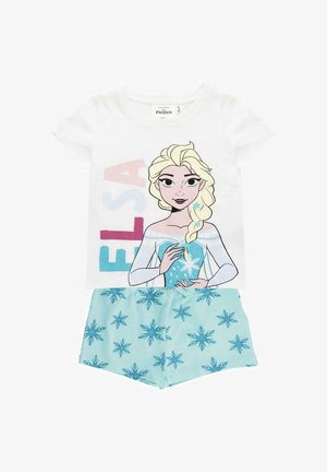 Children’s pajama set with white top featuring Elsa from Frozen and light blue shorts patterned with snowflakes.