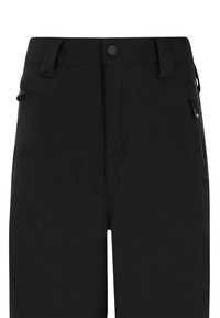 Pantaloni neri da uomo realizzati in tessuto leggero, con una tasca con zip a destra, chiusura con bottone e una superficie liscia.