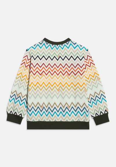 Pull à manches longues avec motif zigzag multicolore et poignets, encolure et ourlet côtelés verts foncés, vu de dos sur fond blanc.