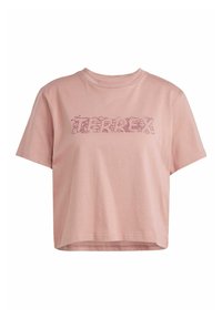 Růžové bavlněné zkrácené tričko s grafickým potiskem a stylizovanými písmeny, krátké rukávy a kulatý výstřih.