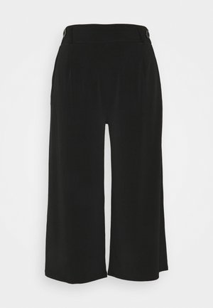 Black wide-leg cropped pants with a high waist and button details on the waistband against a white background.