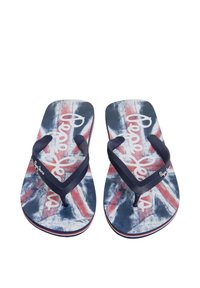 Tummansininen sandaalit, joissa on Union Jack -kuvio, kumimateriaali, teksturoitu pohja ja valkoinen logo hihnassa.