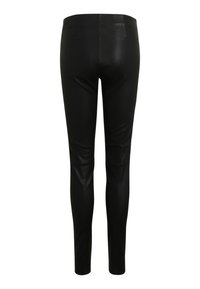 Zwarte leren broek met een slim fit, met een gladde textuur, geen zichtbare hardware en een eenvoudig ontwerp. De achterkant toont twee zakken.