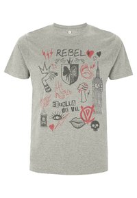 Šedé bavlněné tričko s černými a červenými grafickými potisky, včetně nápisu "REBEL", srdcí, koruny a různých symbolů jako lebka a Big Ben.