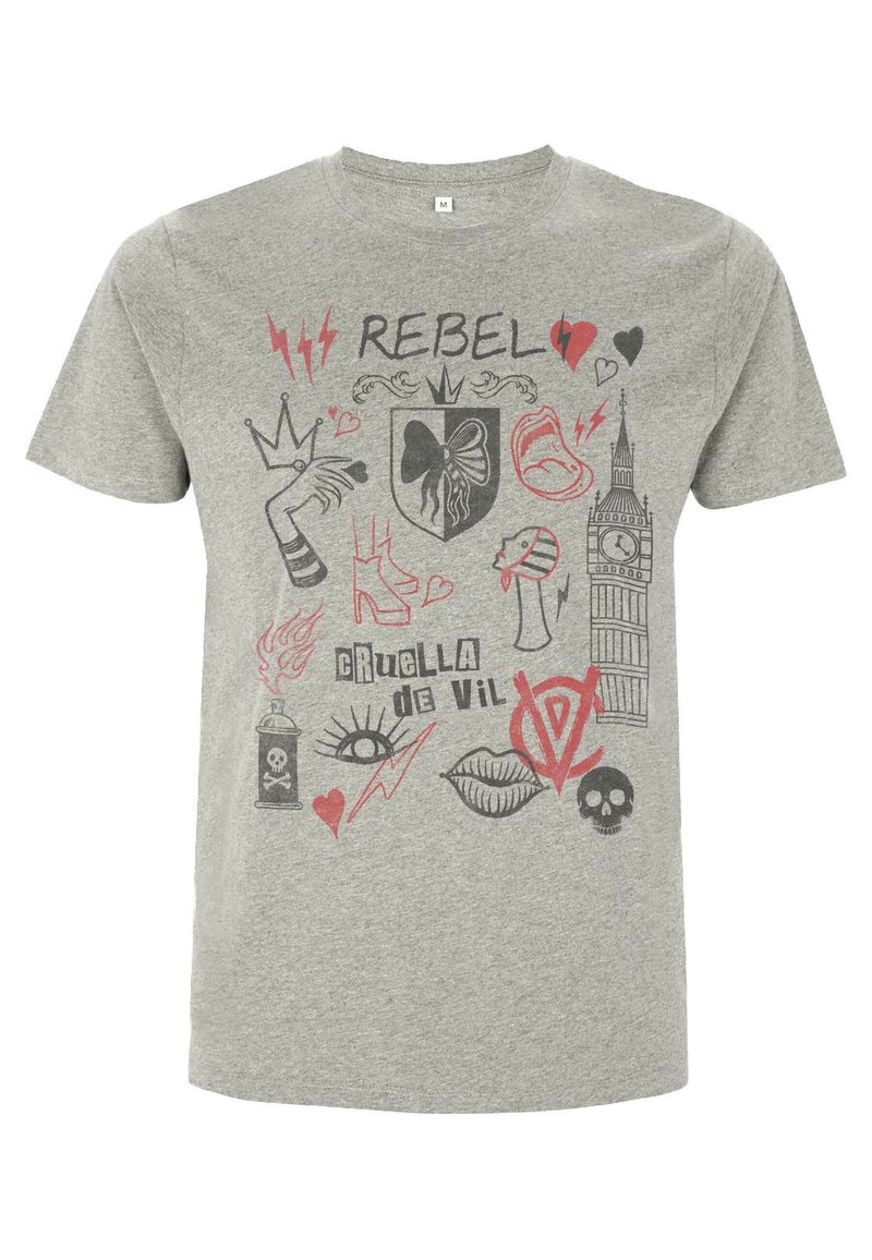 Šedé bavlněné tričko s černými a červenými grafickými potisky, včetně nápisu "REBEL", srdcí, koruny a různých symbolů jako lebka a Big Ben.