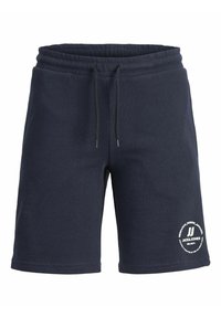 Pantalones cortos de sudadera azul marino, hechos de tejido suave, con una cinturilla elástica, cordón y un logo circular en la parte inferior de la pierna.