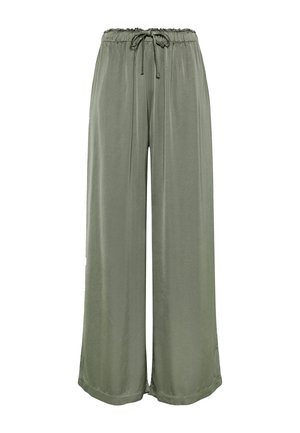 Pantalon ample à jambes larges couleur vert olive avec taille élastique et lien à nouer sur le devant