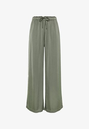 Pantalon ample à jambes larges couleur vert olive avec taille élastique et lien à nouer sur le devant