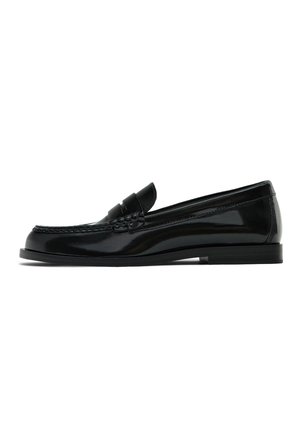 Black polished leather penny loafer with stitched detailing and low heel, viewed from the side on a white background.