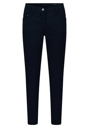 Sötétkék, slim fit farmernadrág sima textúrával, elöl gombos záródással, öt zsebes kialakítással és minimális varrási részletekkel.
