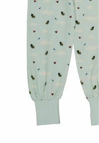 Ljusblå pyjamasbyxor med mönster av bin, fjärilar och myror, med elastiska avslut och en mjuk, slät tygstruktur.