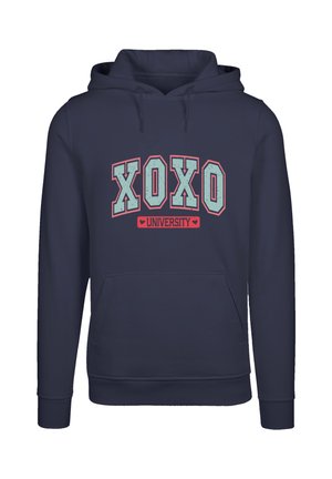 Navyblaue Kapuzenjacke mit einer vorderen Kängurutasche. Mit "XOXO" in mintgrün und "UNIVERSITY" in pink, versehen mit einem strukturierten Design.