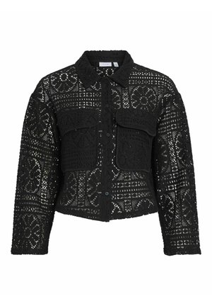Črna čipkasta jakna s skrajšano zasnovo, z gumbom, dvema sprednjima žepoma in cvetličnimi vzorci po celotni površini.