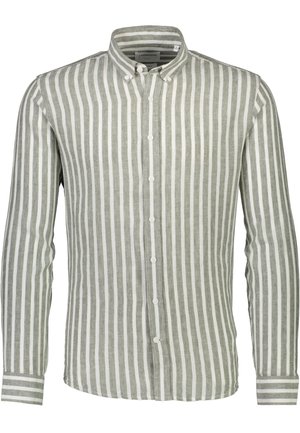 Camicia a maniche lunghe a righe in lino grigio chiaro e bianco, con colletto abbottonato e bottoni sul davanti, dal taglio sartoriale e texture morbida.