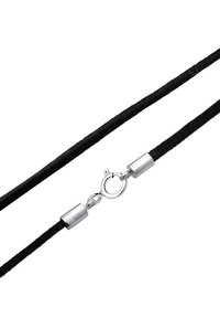 Black suede cord necklace with a silver-tone metal clasp, featuring smooth cylindrical hardware and a round spring ring closure.